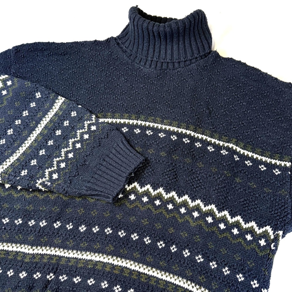Vintage 90s Liberty Sweaters Turtleneck Snowflake Navy Blue Men's Large USA Made